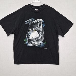 VTG 90s Wolf American Thunder XL Only The Strong Survive Black Short Sleeve Tee